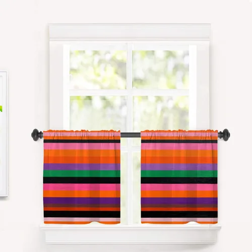 Miniatura 23 de Cortinas de cocina de hojas de arce otoñales para ventanas, hojas verdes y rojas sobre cenefas opacas negras, tratamientos de ventana de poliéster