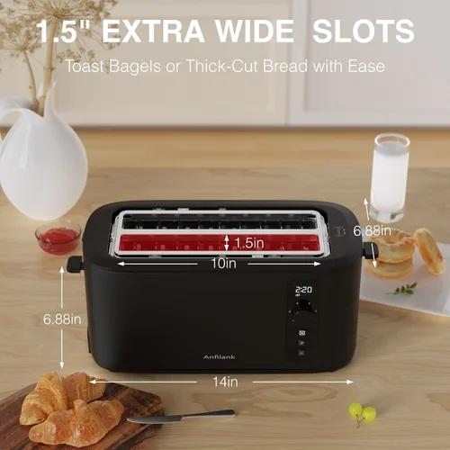 Miniatura 2 de Anfilank Tostadora de 4 Rebanadas de Ranura Extra Ancha Larga de 1.5 pulgadas con Temporizador de Cuenta Regresiva, 6 Ajustes de Tostado, Estante