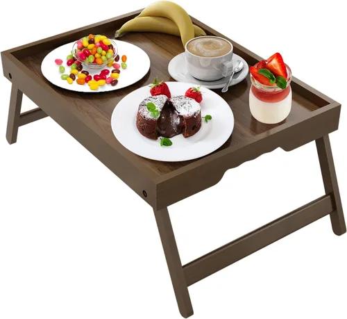 Miniatura 14 de Artmeer Bandeja de cama con patas plegables, desayuno de bambú en la cama para mesa de TV, bandeja de computadora portátil, comer, bandeja