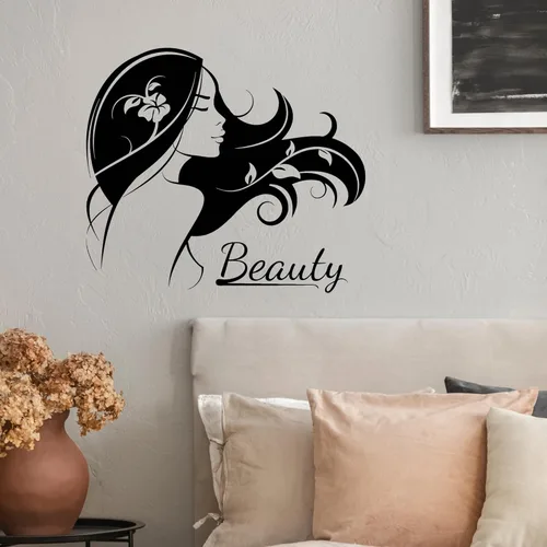 Vinilo Adhesivo de Pared Peluquería Salón de Belleza Logo Hermosa Chica Señora Pegatinas Decoración Grande (3089ig) Negro