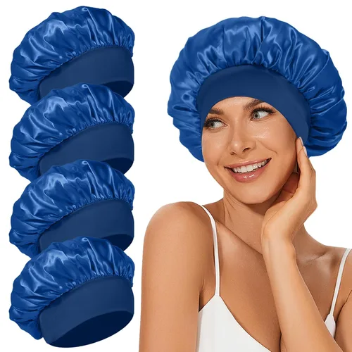 Miniatura 9 de 4 piezas de gorro de satén de seda, gorro de cabello para dormir, gorro de seda elástica de banda ancha para dormir, suave y transpirable