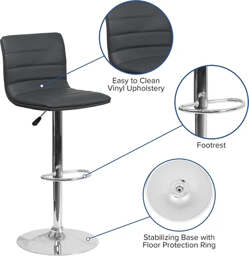 Miniatura 7 de Flash Funiture silla de bar ajustable con base cromada, Vinilo, Gris
