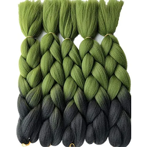Miniatura 2 de Extensiones de cabello sintético trenzado de 24 pulgadas, color negro a verde oliva, dos tonos, color degradado, trenzas jumbo, paquete de 5 Negro