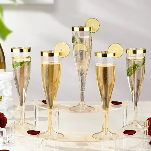 Miniatura 4 de Goodluck Paquete de 48 copas de champán de plástico con purpurina dorada de 6.5 onzas con borde dorado, vasos desechables de champán para brindis