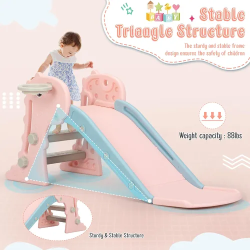 Miniatura 5 de Nyeekoy 3 en 1 Tobogán para niños pequeños, juego de escalada y deslizamiento con aro de baloncesto, patio de juegos para interiores y exteriores