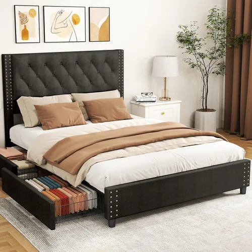 Miniatura 8 de EVLIQUIL - Marco de cama de tamaño matrimonial con 4 cajones de almacenamiento y cabecero, color beige Upholstered Platform Bed Frame with Wood