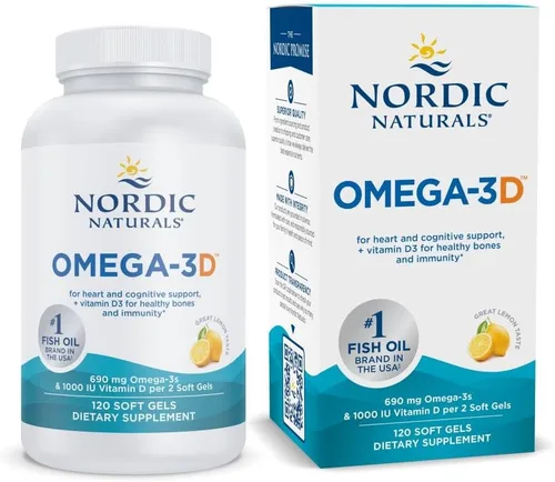 Nordic Naturals Omega-3D, sabor a limón, 120 geles blandos, 690 mg de omega-3 + 1000 UI de vitamina D3, aceite de pescado, EPA y DHA, apoyo