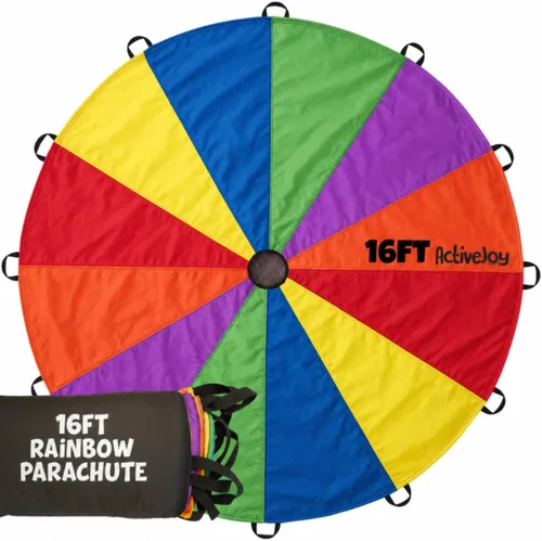 Miniatura 8 de Activejoy - Paracaídas para niños - 8 pies/12 pies/20 pies / 24 pies - Juguete de paracaídas arcoíris con asas - Ideal para clases de gimnasio, día