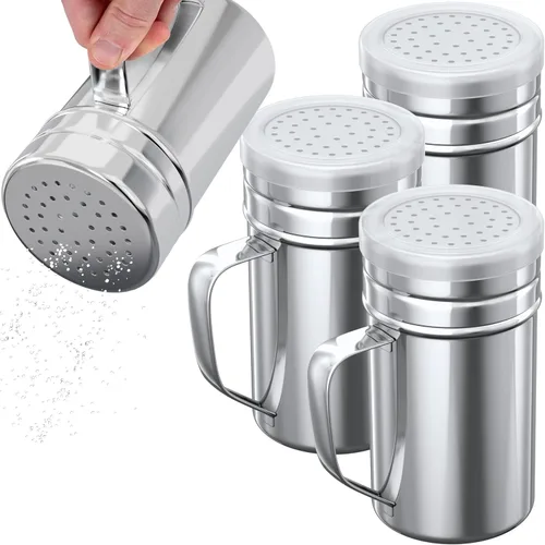 CUSINIUM Juego de 4 saleros y pimenteros grandes de acero inoxidable de 14 oz - Con tapa de plástico - Con asa