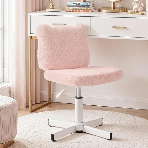Miniatura 8 de LUE BONA Taburete de tocador ajustable con respaldo ancho con orejas de oso femenino, taburete giratorio de 360° para sala de maquillaje, otomana