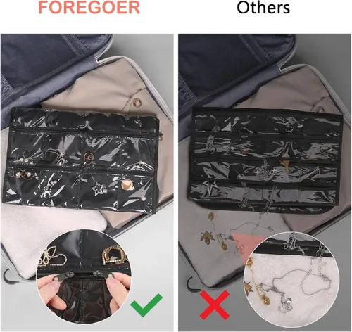 Miniatura 4 de FOREGOER Organizador de joyas colgante de doble cara, 43 bolsillos, organizador grande de accesorios para collares, aretes, (negro)