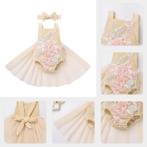 Miniatura 4 de ODASDO Conjunto de ropa de 2 piezas para bebé niña para primer cumpleaños con encaje y tutú de tul con diadema, conjunto de ropa de 2 piezas