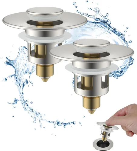 Hibbent Paquete de 2 tapones universales de metal para lavabo de 1.1 a 2.3 pulgadas, colador de drenaje de fregadero emergente, tapón tipo empuje de