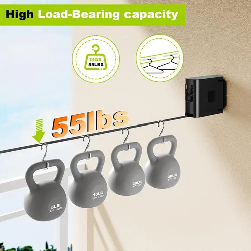 Miniatura 6 de Tendedero retráctil de TPU de 13.9 pies para interiores y exteriores, línea de secado resistente al viento para montar en la pared con agujeros Negro
