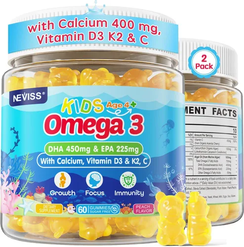 Gomitas Omega 3 para niños + calcio 400 mg + vitamina D3 K2 + C, Omega-3 DHA y suplemento EPA – Sin eructos de pescado, sin azúcar – Omega 3 para