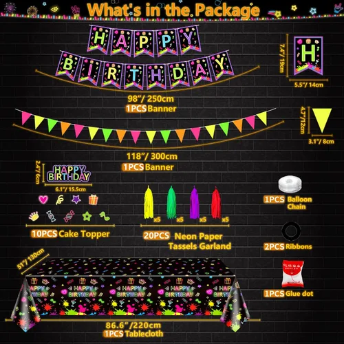 Miniatura 6 de Paquete de 247 suministros de fiesta de neón que brillan en la oscuridad, decoraciones de fiesta con luz negra, platos, pancartas de luz negra