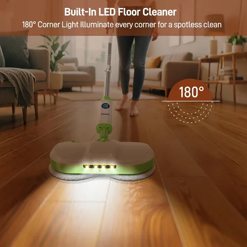 Miniatura 4 de AlfaBot Trapeador eléctrico inalámbrico, limpiador eléctrico de piso con faro LED y rociador de agua, hasta 60 minutos, autopropulsado con gran