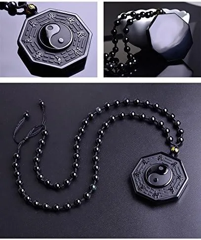 Miniatura 7 de Kitch Aroma Natural Tai Chi Grabado Negro Piedras de Obsidiana Colgante Collar con Extend Bead Chain