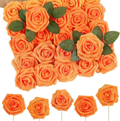 Miniatura 34 de N&T NIETING Flores artificiales, 25 rosas falsas de espuma de coral de aspecto real con tallos para ramos de boda, centros de mesa de despedida