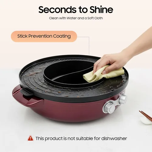 Miniatura 6 de Olla caliente con parrilla, olla eléctrica 2 en 1 de 2000 W con doble control de temperatura, parrilla multifuncional sin humo Shabu Shabu Pot Rojo