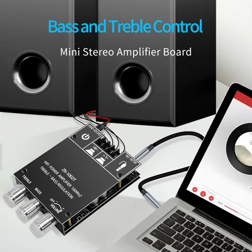 Miniatura 6 de ZK-1002T Placa de amplificador Bluetooth de 100 W+100 W con control de agudos y graves, placa de amplificador de audio estéreo mini de 2.0 canales