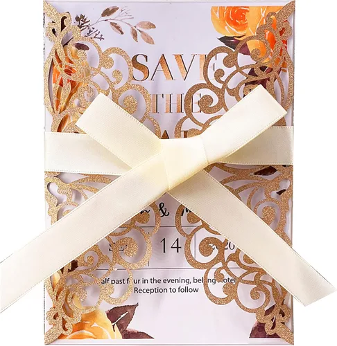 50 invitaciones de boda cortadas con láser con sobres con purpurina y cintas, tarjeta en blanco personalizada, invitaciones para quinceañera, Oro