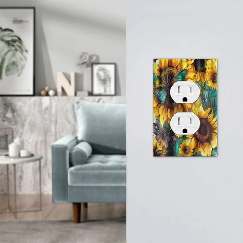 Miniatura 7 de Cubiertas de salida de girasoles amarillos, mariposas verdes y verde azulado de 1 banda, cubierta de interruptor de luz dúplex de 1 banda, placa