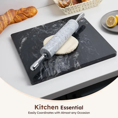 Miniatura 7 de Diflart Tabla de cortar de piedra de mármol natural para cocina, 16x16 pulgadas, negra, tabla de mármol grande para repostería con pies