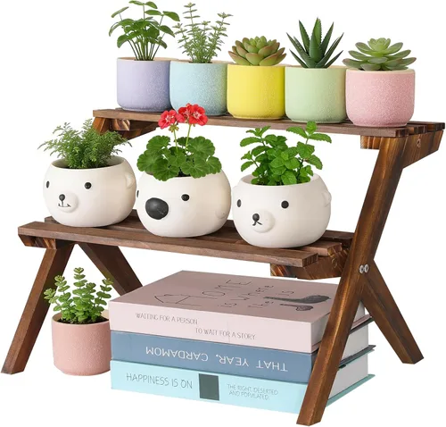 Miniatura 8 de Soporte para plantas de interior, soportes de madera de 2 niveles para plantas, estante cuadrado de esquina, soporte rústico para flores, soporte
