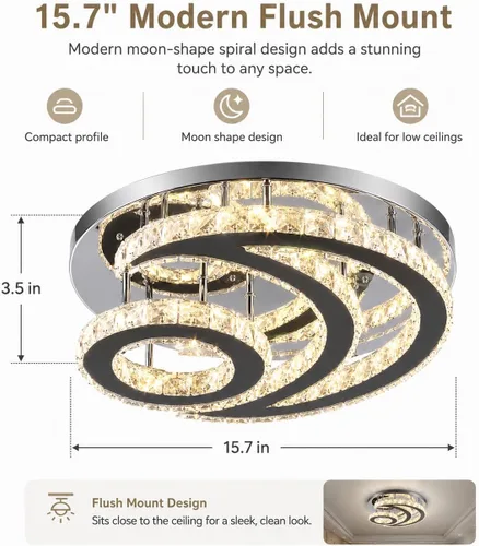 Miniatura 2 de Lámpara de techo LED moderna de 15.7 pulgadas, lámpara de araña de cristal de montaje empotrado, lámpara moderna con forma de luna redonda para sala