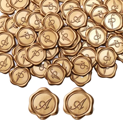 Yoption - Pegatinas adhesivas de sello de cera con letra inicial A, paquete de 25 pegatinas de sello de cera con letra antigua dorada, sellos