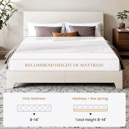 Miniatura 7 de SHA CERLIN Base de cama tamaño completo con cabecera ajustable, plataforma tapizada de piel sintética con listones de madera, base de colchón Blanco