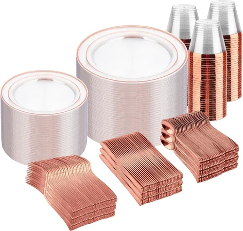 Miniatura 14 de bUCLA Juego de vajilla de plástico dorado desechable de 150 piezas, platos dorados resistentes que incluyen 25 platos de cena y 25 platos de postre
