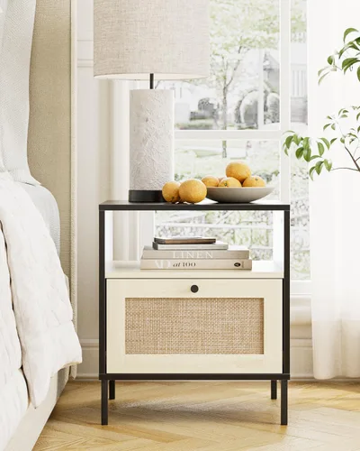 Miniatura 6 de Mesita de noche de ratán, mesa auxiliar grande y moderna de madera estilo bohemio con cajón de almacenamiento y estante abierto, mesa auxiliar Negro