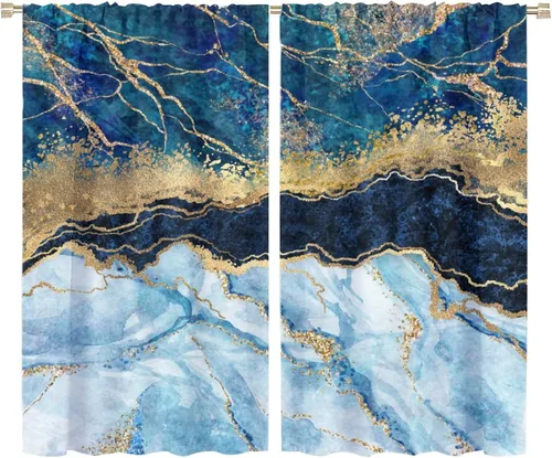 Miniatura 18 de Cortinas abstractas de mármol de lujo de lujo azul marino dorado a rayas con patrón de mármol estampado para dormitorio, sala de estar, cortinas