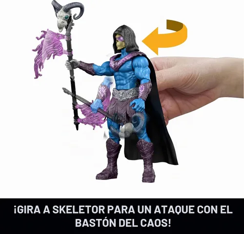 Miniatura 2 de Masters of the Universe Figura de características Havoc Staff Attack Skeletor, movimiento de acción de giro y liberación, 5.5 pulgadas y accesorio