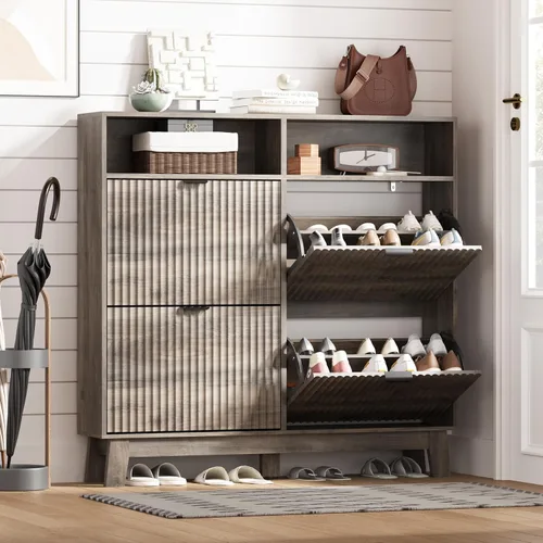 Miniatura 14 de HUANLEGO Zapatero de almacenamiento para entrada con 6 cajones abatibles, organizador de zapatos estrecho acanalado con patas de madera, zapatero