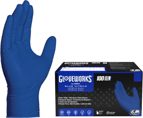 GLOVEWORKS HD - Guantes desechables industriales de nitrilo azul real, 6 mil, sin látex ni polvo, seguros para alimentos, textura de diamante elevado