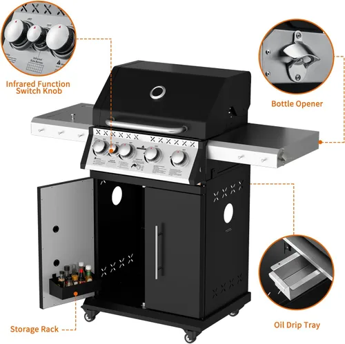 Miniatura 8 de SKOK Parrilla de gas propano de 4 quemadores con quemadores laterales y traseros infrarrojos, parrilla de barbacoa al aire libre con rejillas