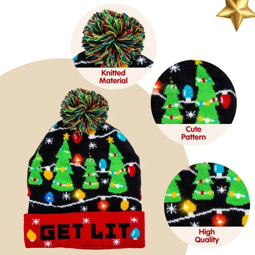 Miniatura 3 de JOYIN Gorro de punto con luz de Navidad, suéter feo de Navidad, gorro LED con 6 modos intermitentes, divertido gorro para mujeres y hombres