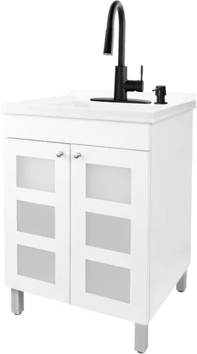JS Jackson Supplies, fregadero utilitario con gabinete de tocador blanco, grifo rociador desplegable de arco alto, dispensador de jabón y tocador