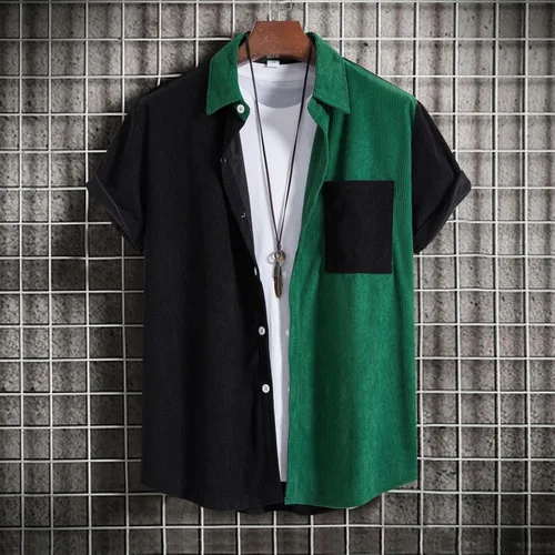 Miniatura 2 de Camiseta de manga corta con estampado de patchwork de lino y algodón para Hombre, blusa con botones bolsillo hawaiano