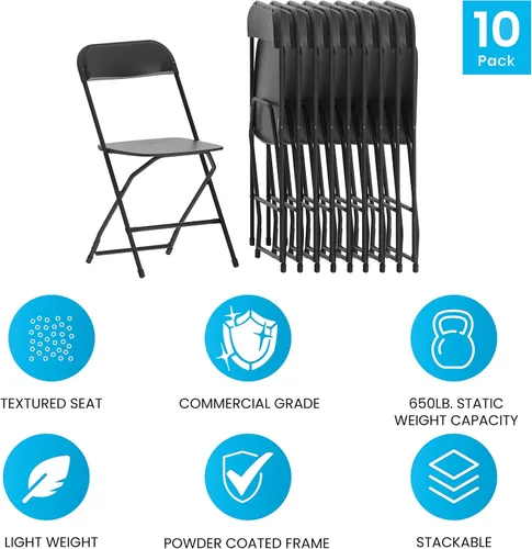 Miniatura 5 de EMMA + OLIVER Juego de 10 sillas plegables de plástico, capacidad de peso de 650 libras, silla plegable apilable ligera en color negro