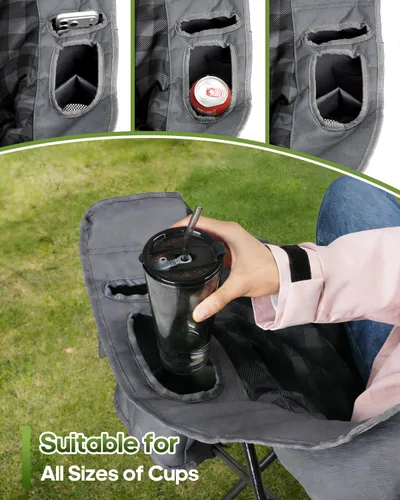 Miniatura 6 de Silla de campamento doble acolchada, sofá de campamento de gran tamaño para 2 personas con bolsa de transporte 2 en 1, silla de césped plegable Gris
