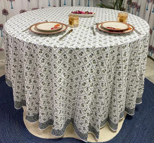 Miniatura 39 de Ridhi Mantel redondo de algodón reutilizable con estampado de bloque a mano, color verde espárragos, 60 pulgadas, mantel decorativo para uso diario