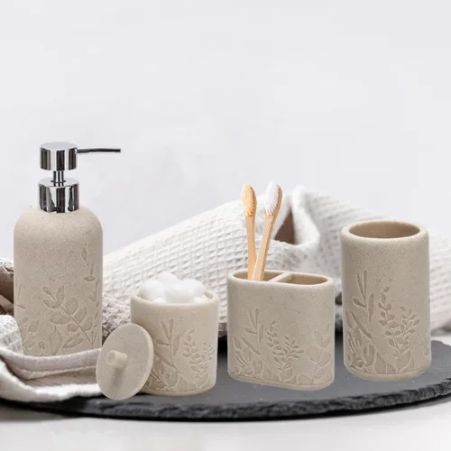 Miniatura 2 de Aksipo - Juego de accesorios de baño beige, 4 piezas de conjunto de accesorios de baño de resina resistente, dispensador de jabón de manos, juego