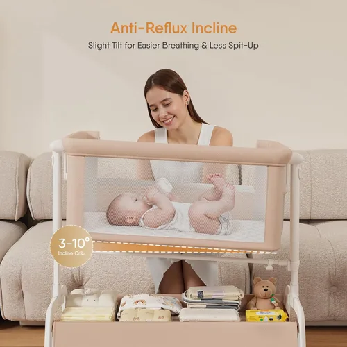 Miniatura 7 de Moisés de bebé 3 en 1, moisés mecedor, moisés de noche para bebé, cuna estable y segura para recién nacido y bebé, 6 alturas ajustables con ruedas
