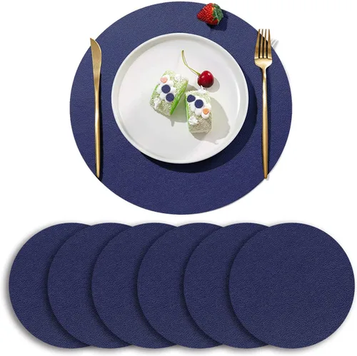 Miniatura 7 de Juego de 6 manteles individuales redondos de piel sintética color negro, 13.5 pulgadas, a prueba de manchas, antideslizantes, resistentes al calor