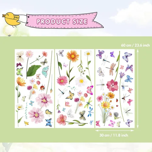 Miniatura 2 de 80 calcomanías de pared con diseño de flores, mariposas, crisantemos, libélulas, flores, despegar y pegar, arte removible de PVC para jardín