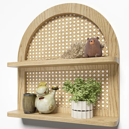 Estante de pared de ratán bohemio de madera, estante flotante de mimbre arqueado de 2 niveles, estante bohemio de madera natural, estantes rústicos